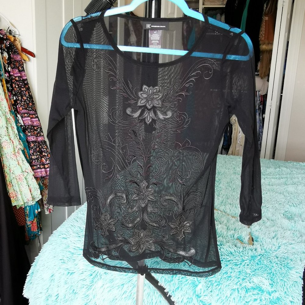 Black Mesh Shirt with Black embroidery